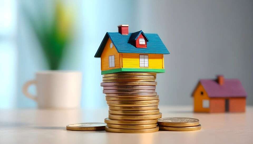 A miniature house on top of coins 