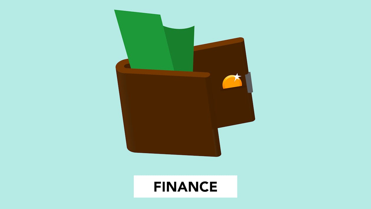 An illustration of a green paper coming out of a wallet with “Finance” written on top