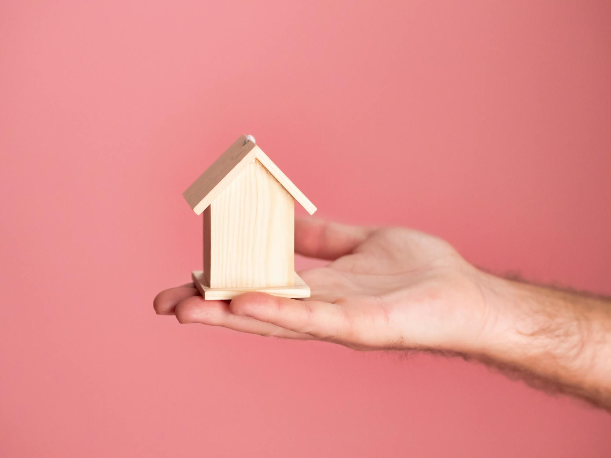 A person holding a wooden miniature house