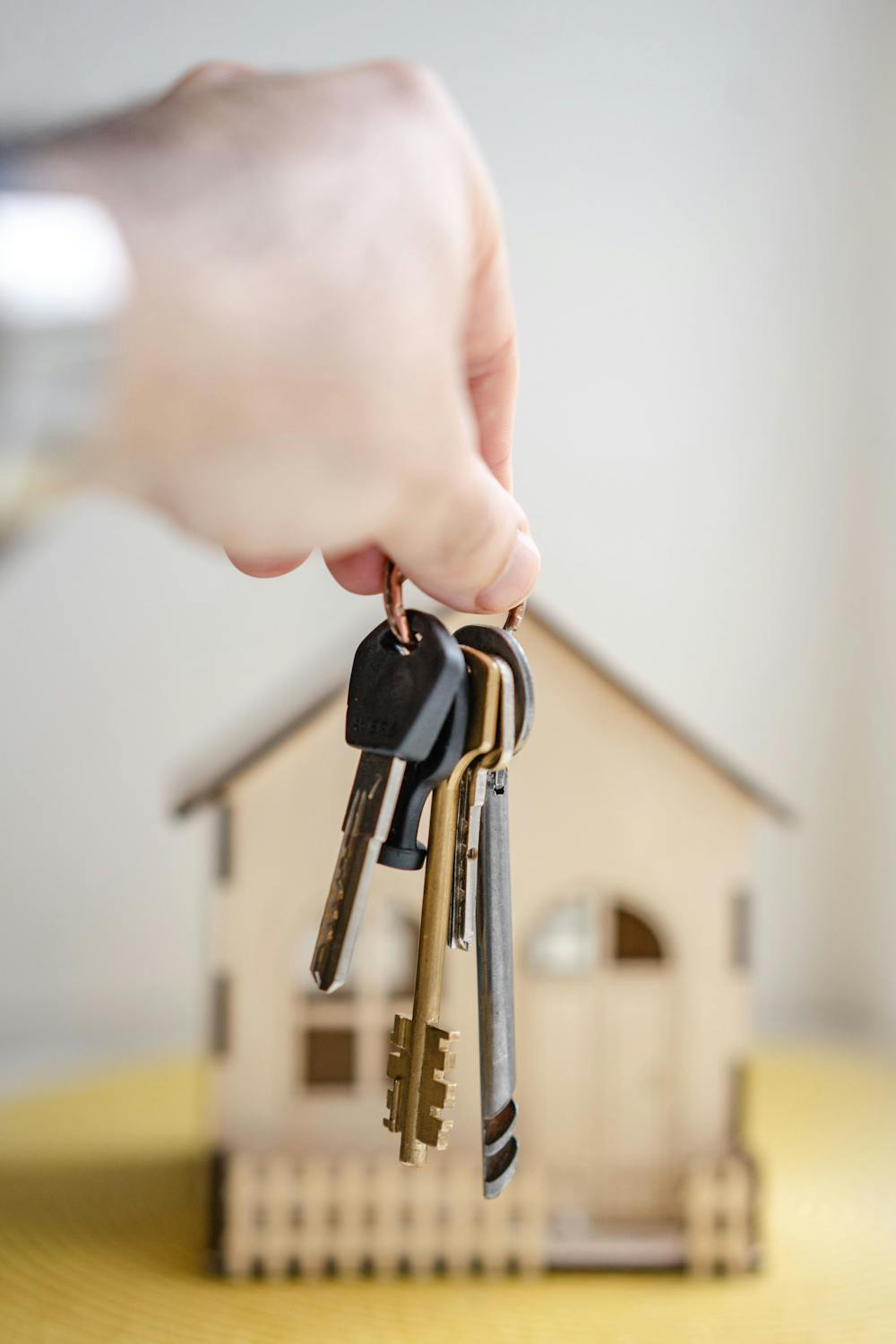 A close-up of keys with a wooden house in the background