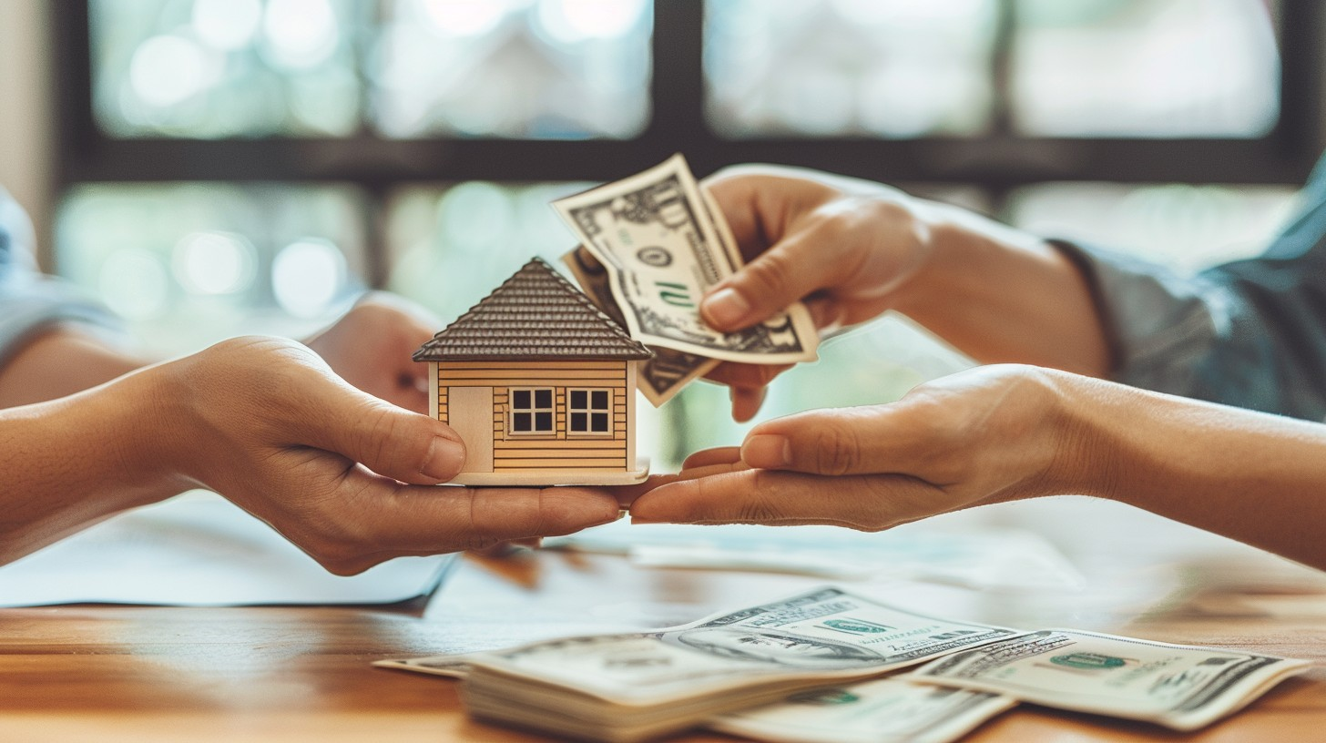 Two people exchanging cash and a miniature house