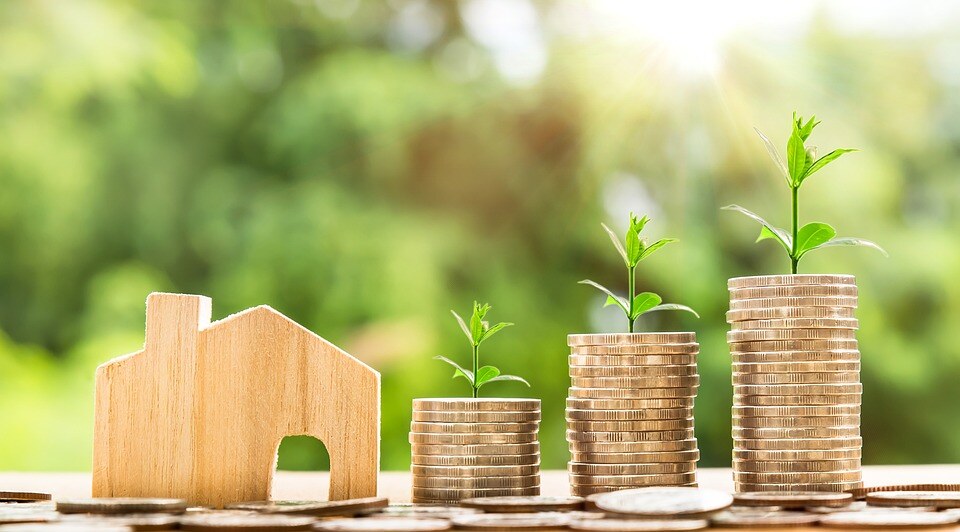 Coins in ascending stacks with plant sprouts beside a wooden house.